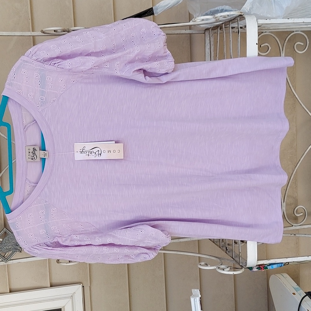 Como Vintage Purple Embriodered puff Top Sz L Nwt
